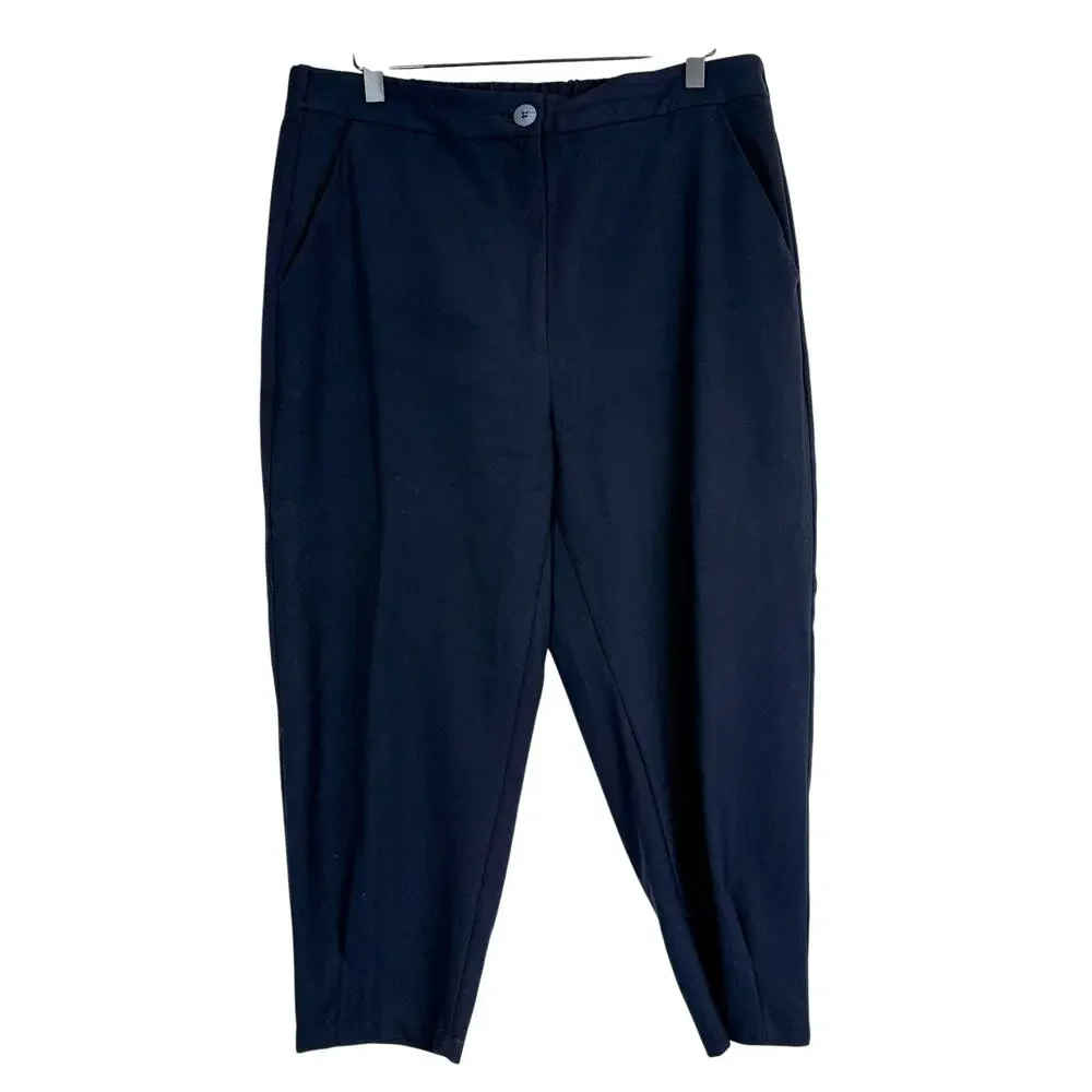 Zara Womens Linen Blend Carrot Fit Cropped Trouser Pants High Rise Navy Blue - L